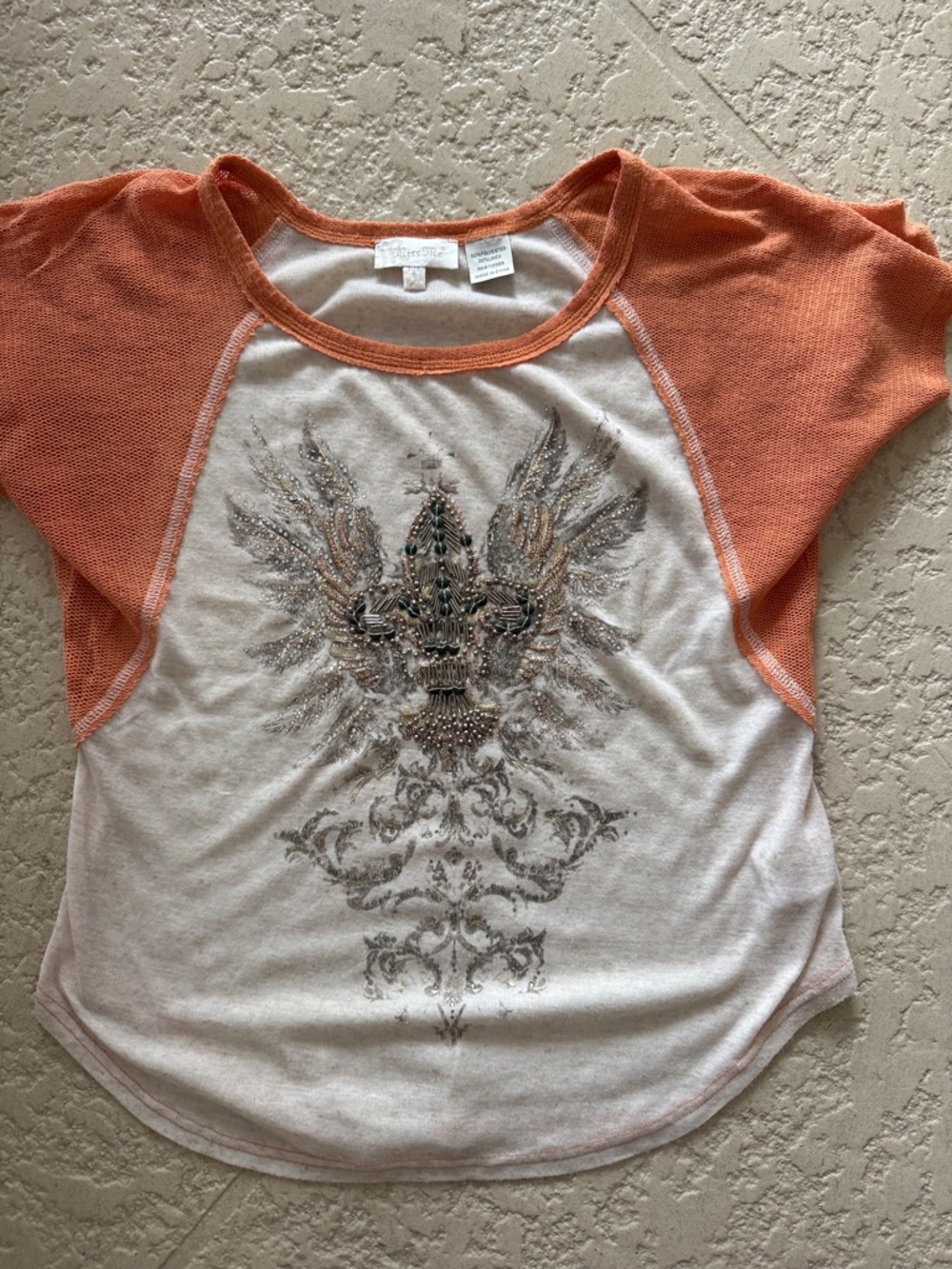 Miss Me Orange Sleeve Cream Graphic Embellished Raglan Top
